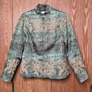 Vintage Y2K 90s Abstract Art Jacquard Pattern Button Front Jacket PM Womens Blue
